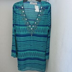 Blue and Green Patterned Tunic with Embellished Neckline